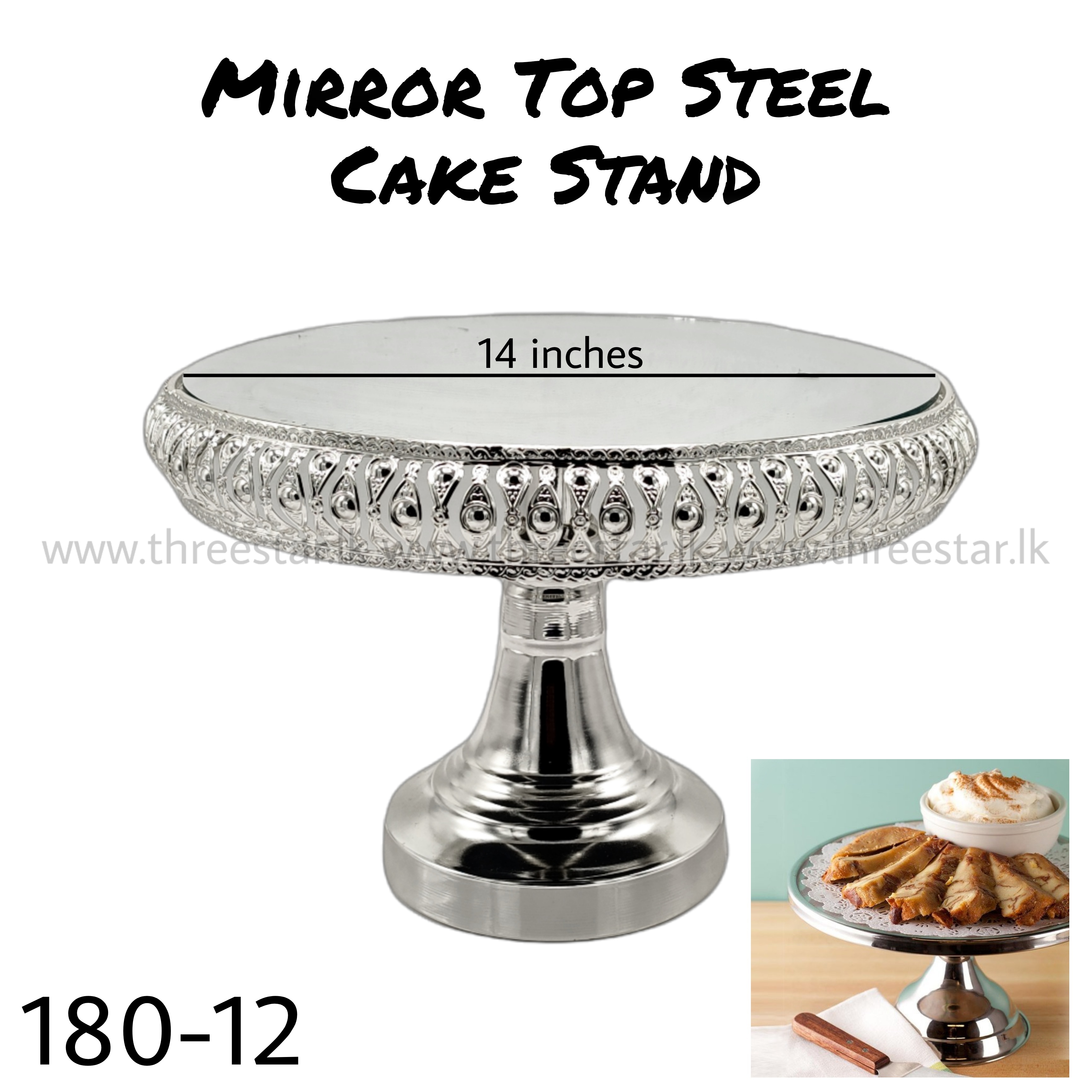Mirror Top Steel Cake Stand 14" Silver